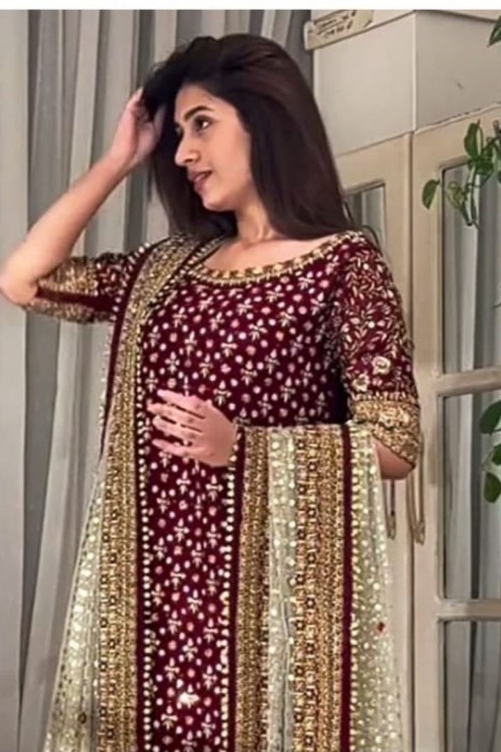 Deep Maroon Gold Embroidered Tasal Silk Suite | 3-Piece Luxury Formal